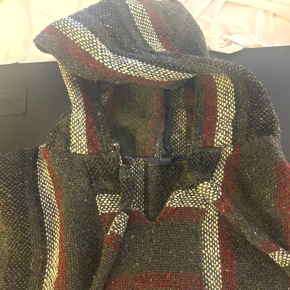 Unisex wool hooded sweater. “ Drug rug” style sweater.